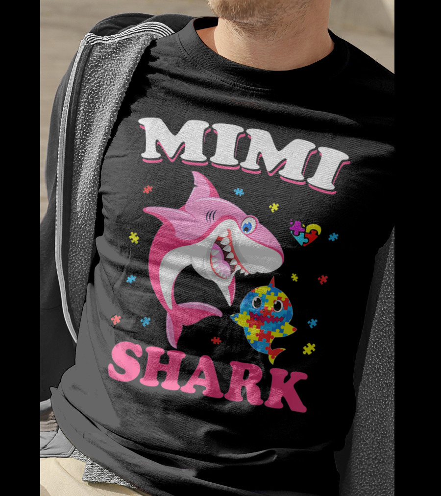Mimi Shark Autism Awareness Puzzle Heart Colorful Sharks T-Shirt