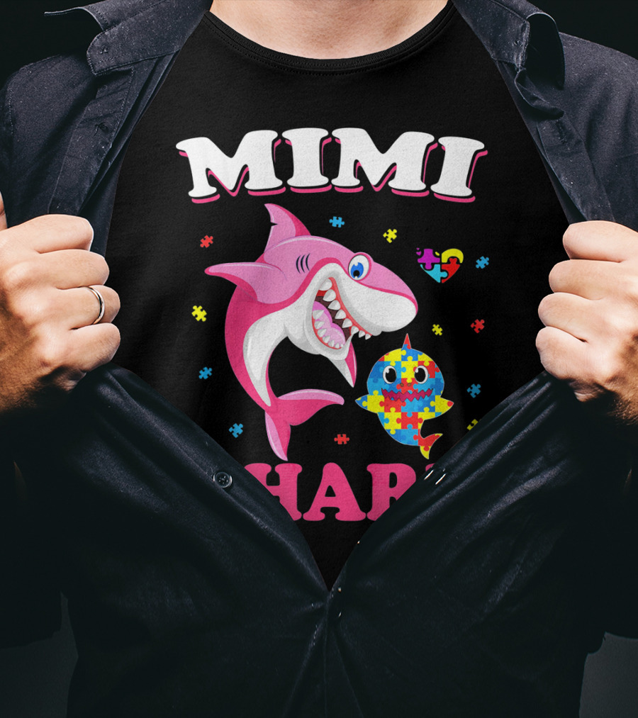 Mimi Shark Autism Awareness Puzzle Heart Colorful Sharks T-Shirt