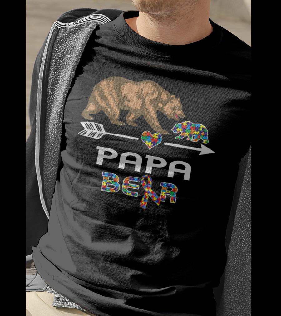 Papa Bear Puzzle Heart Arrow Autism Awareness T-Shirt