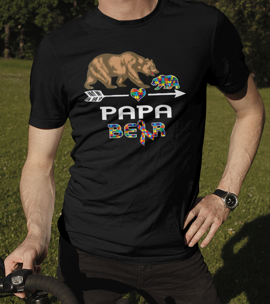 Papa Bear Puzzle Heart Arrow Autism Awareness T-Shirt