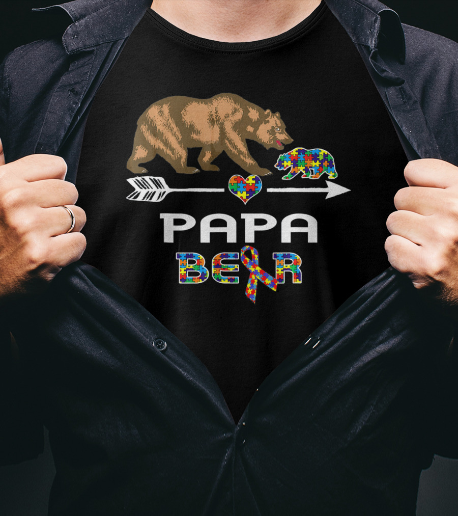Papa Bear Puzzle Heart Arrow Autism Awareness T-Shirt