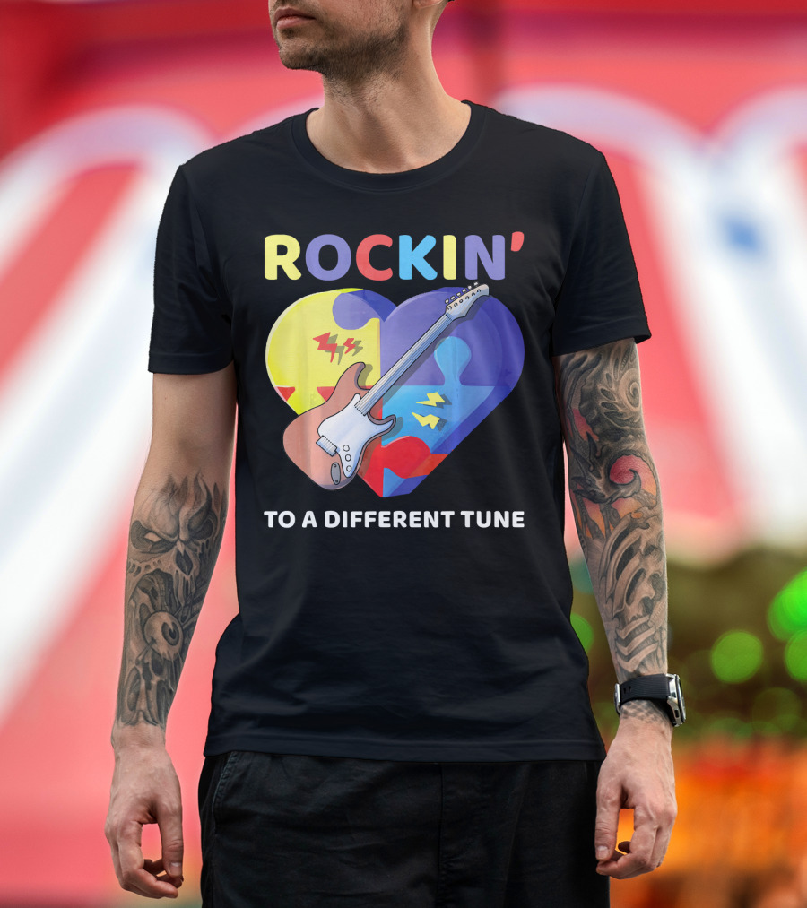 Rockin' To A Different Tune Autism Awareness Guitar Heart Puzzle T-Shirt