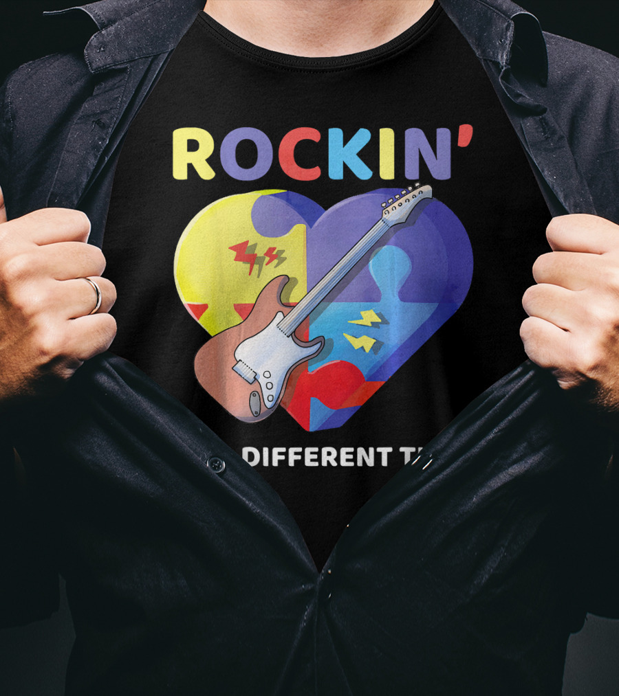 Rockin' To A Different Tune Autism Awareness Guitar Heart Puzzle T-Shirt