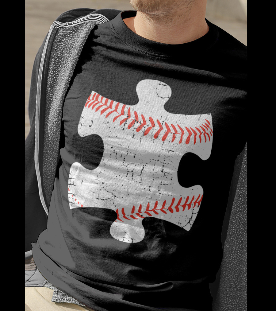 Baseball Stitch Puzzle Piece Autism Awareness T-Shirt