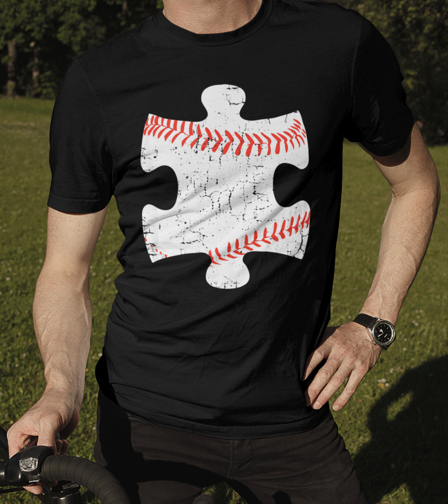 Baseball Stitch Puzzle Piece Autism Awareness T-Shirt