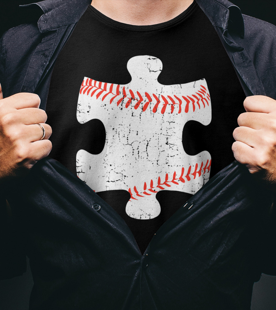 Baseball Stitch Puzzle Piece Autism Awareness T-Shirt