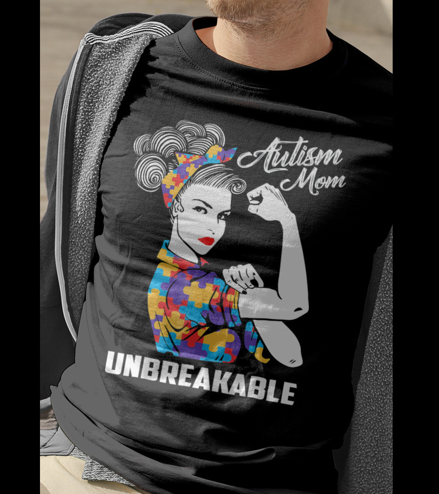 Autism Mom Unbreakable Puzzle Pattern Rosie The Riveter T-Shirt