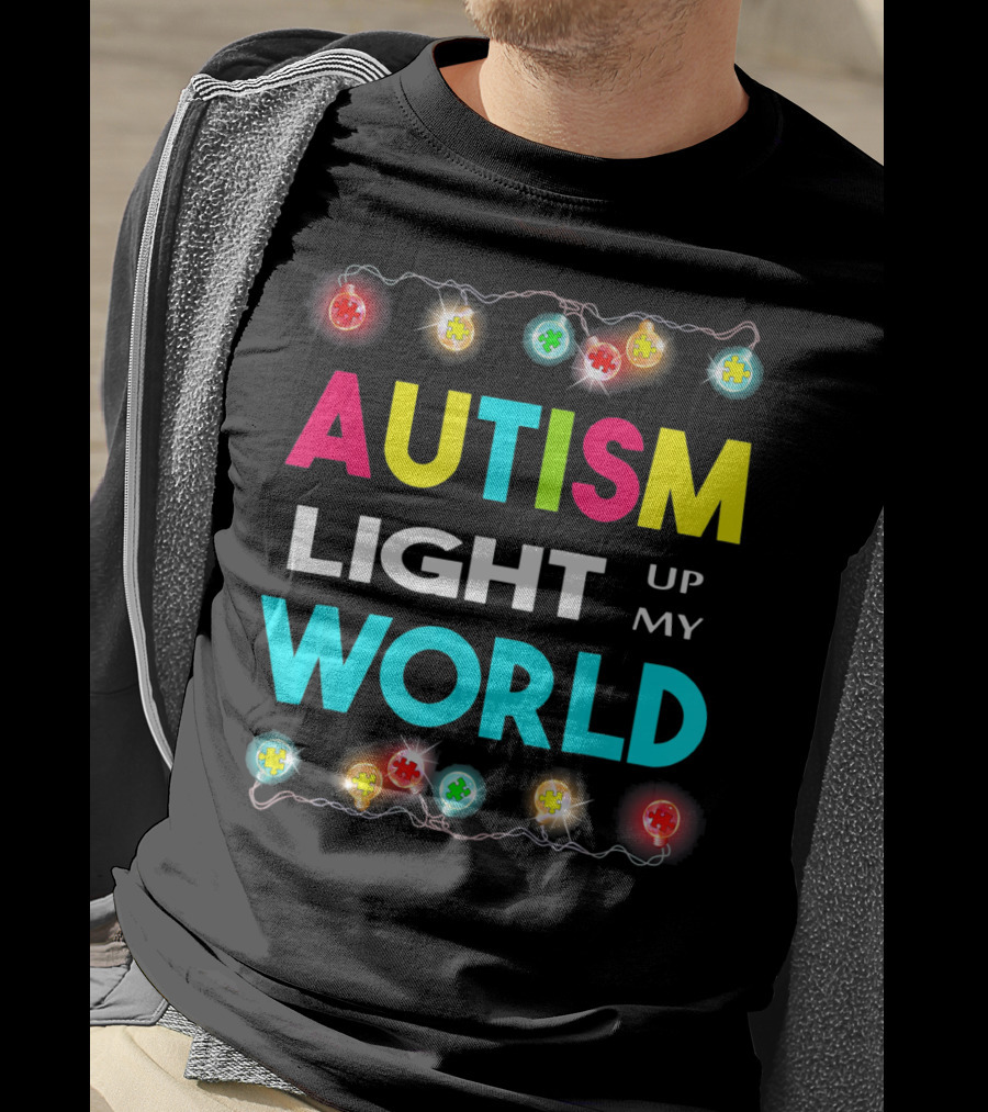 Autism Light Up My World Autism Awareness Puzzle String Lights T-Shirt
