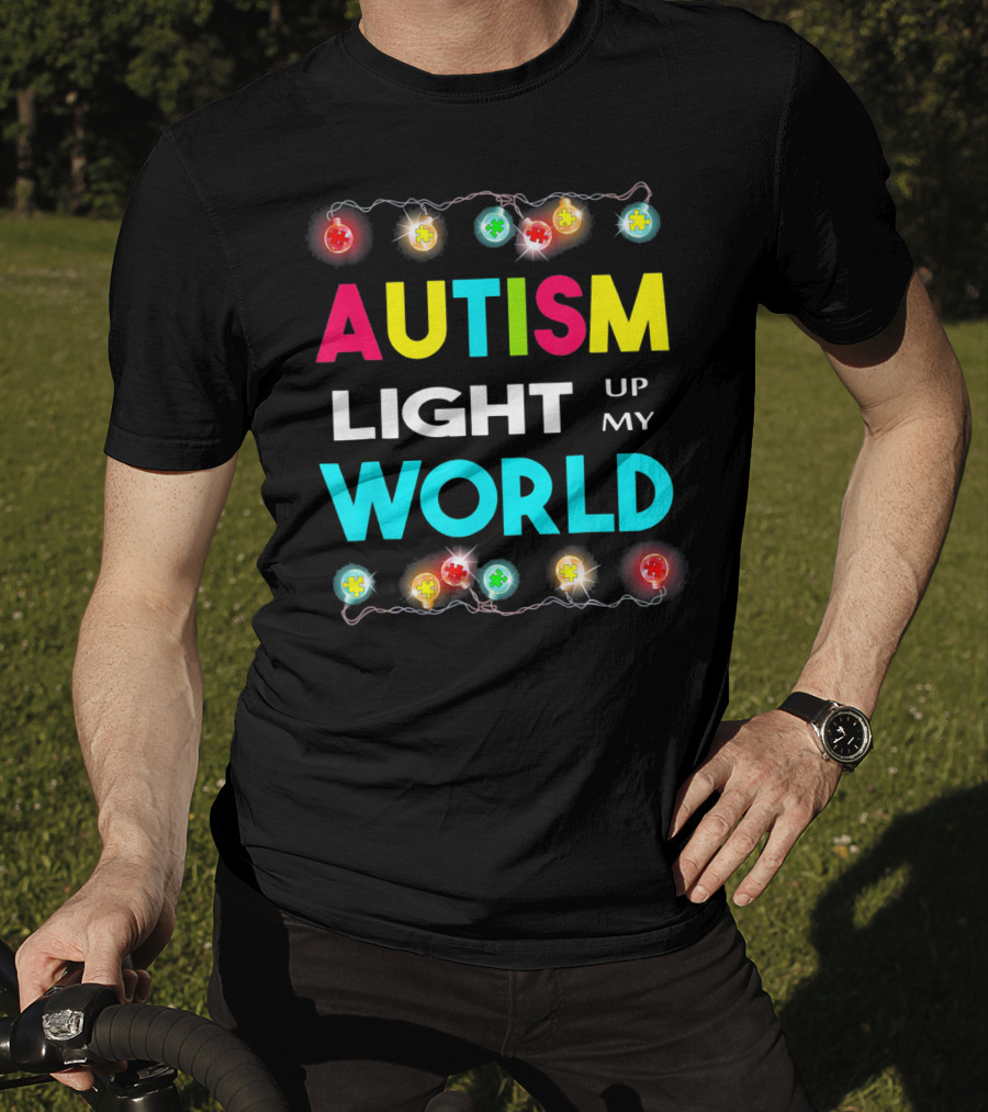 Autism Light Up My World Autism Awareness Puzzle String Lights T-Shirt