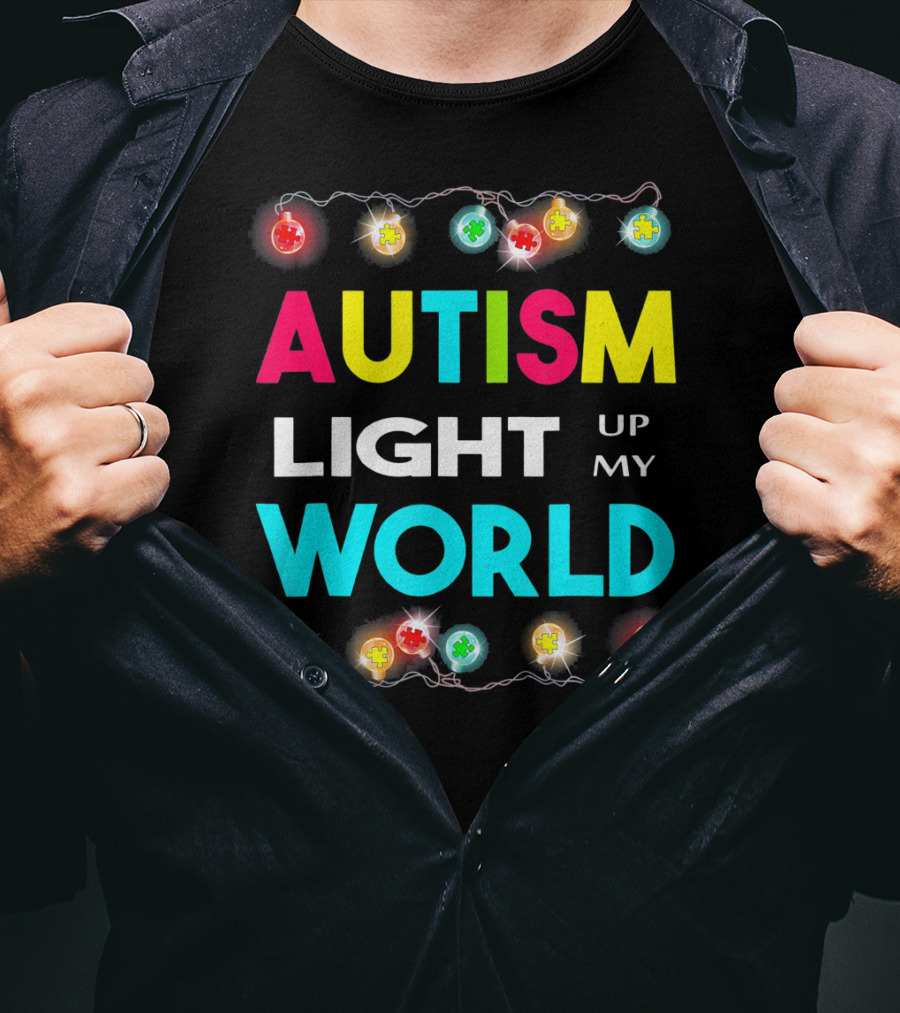 Autism Light Up My World Autism Awareness Puzzle String Lights T-Shirt