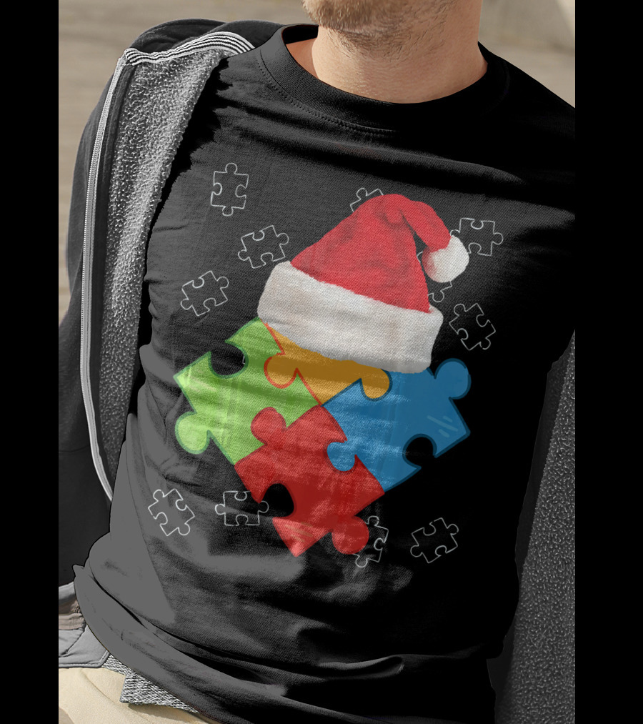 Autism Puzzle Pieces With Santa Hat Holiday T-Shirt