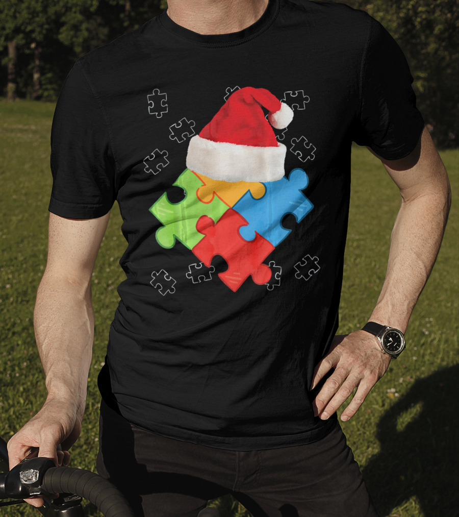 Autism Puzzle Pieces With Santa Hat Holiday T-Shirt