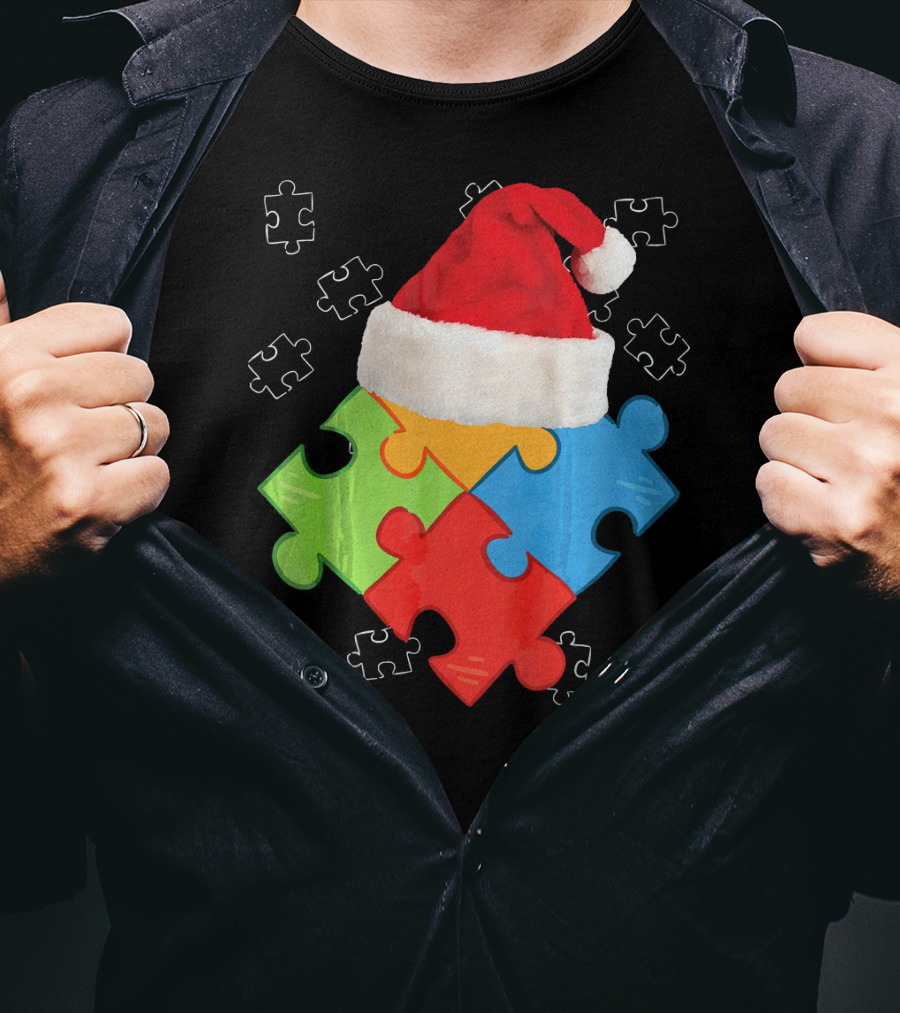 Autism Puzzle Pieces With Santa Hat Holiday T-Shirt