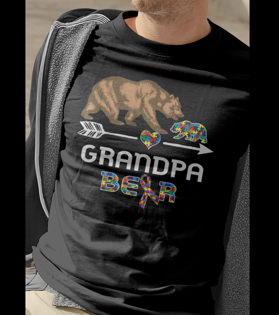 Grandpa Bear Autism Awareness Puzzle Heart And Ribbon T-Shirt