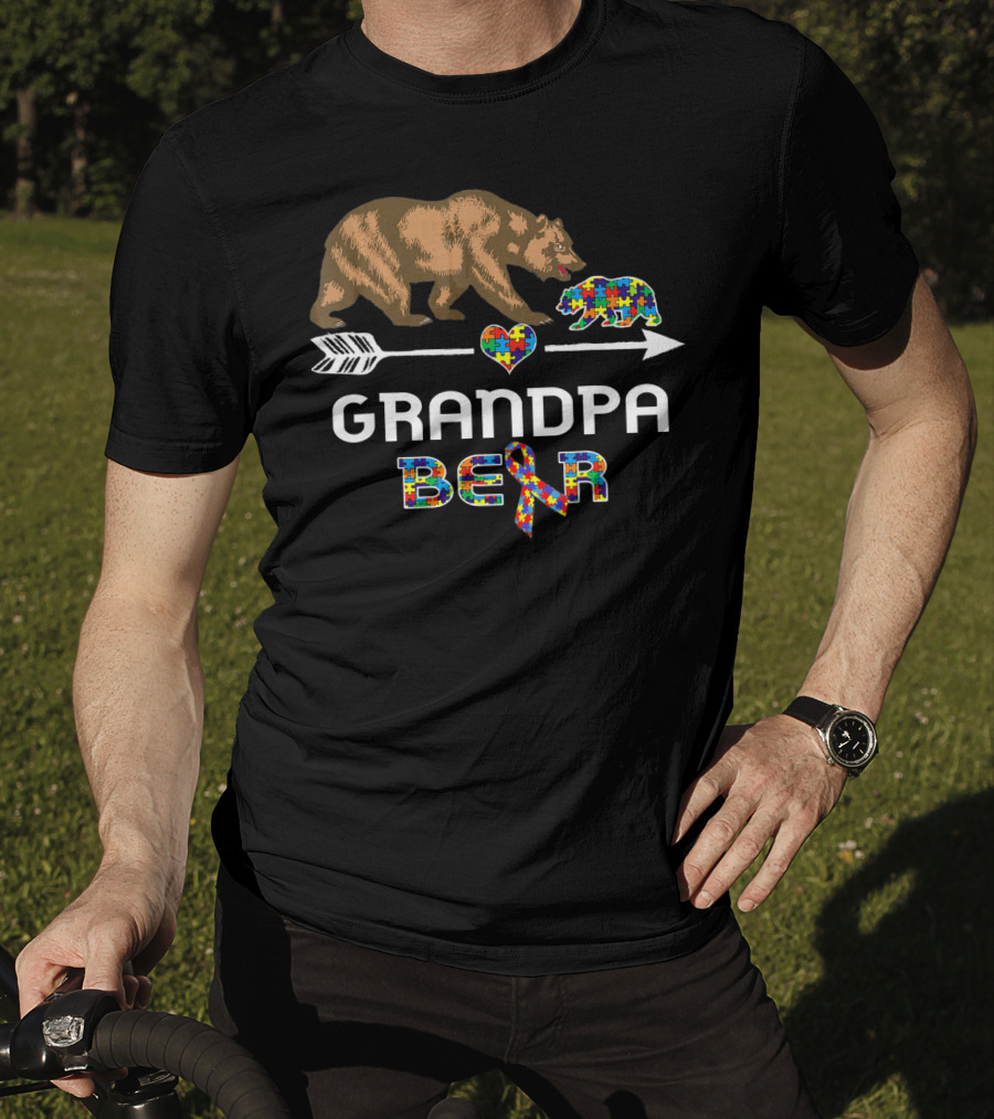 Grandpa Bear Autism Awareness Puzzle Heart And Ribbon T-Shirt
