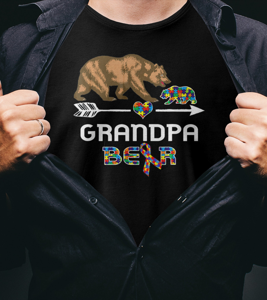 Grandpa Bear Autism Awareness Puzzle Heart And Ribbon T-Shirt
