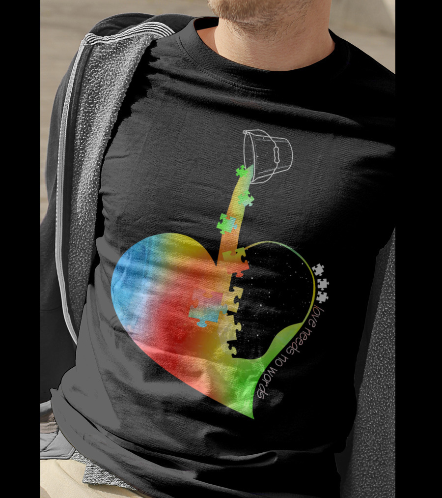 Love Needs No Words Autism Awareness Heart With Puzzle Pieces And Paint Bucket T-Shirt