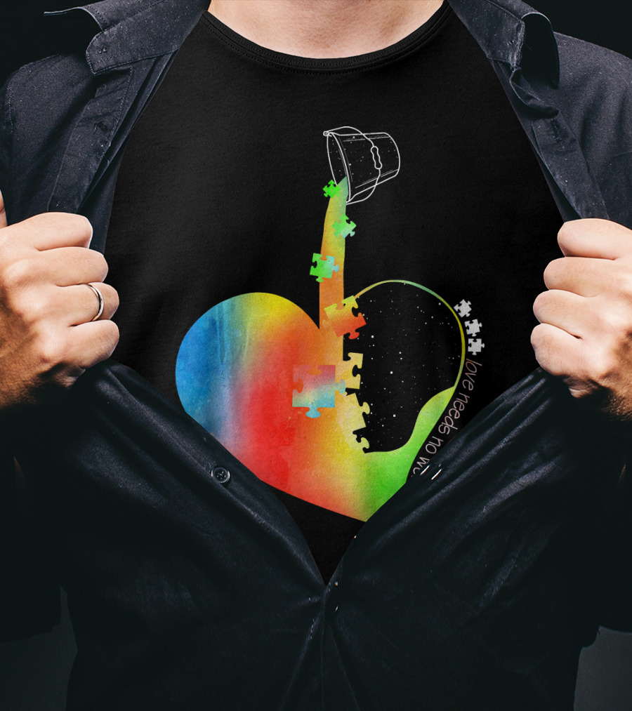 Love Needs No Words Autism Awareness Heart With Puzzle Pieces And Paint Bucket T-Shirt