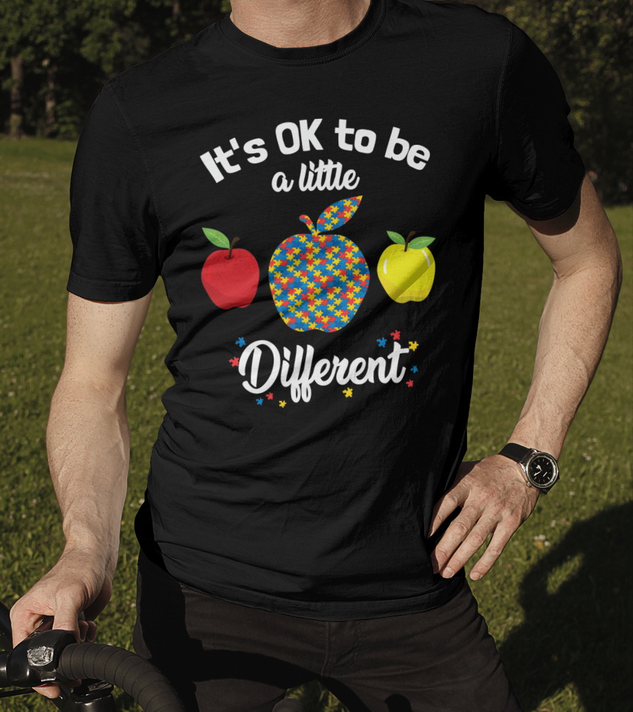 It's OK To Be A Little Different Apple Teacher Aut Puzzle Pattern Red Yellow T-Shirt