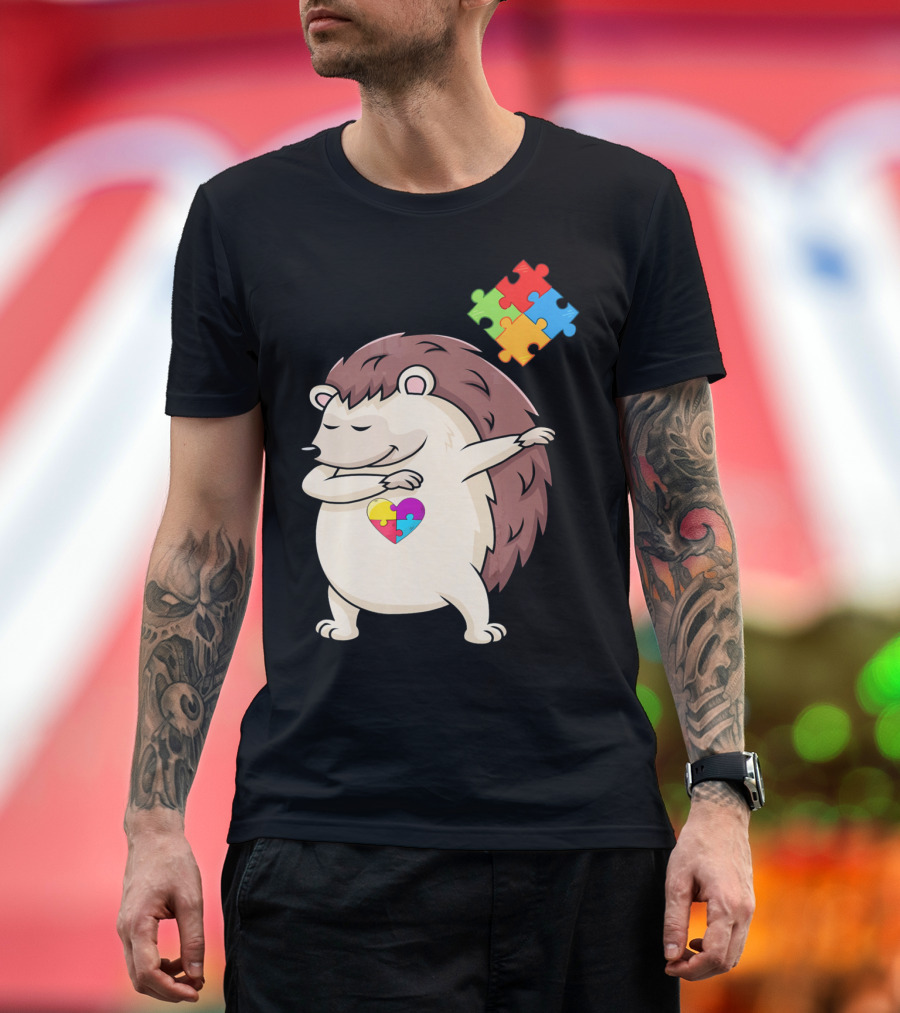 Hedgehog Dabbing with Puzzle Pieces Heart Autism Awareness T-Shirt