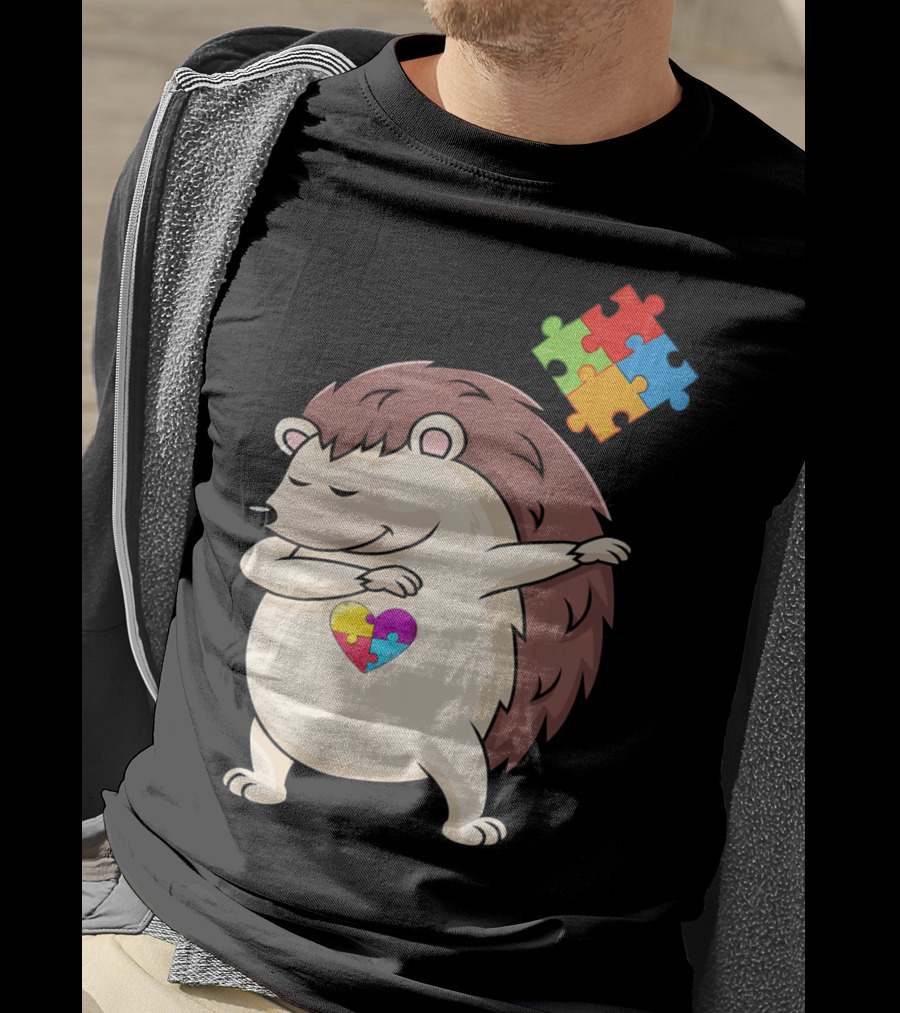 Hedgehog Dabbing With Puzzle Pieces Heart Autism Awareness T-Shirt