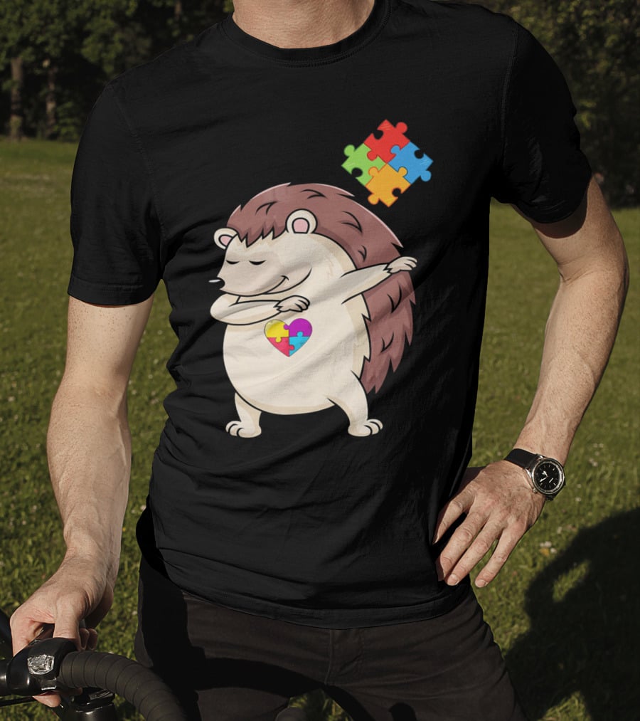 Hedgehog Dabbing With Puzzle Pieces Heart Autism Awareness T-Shirt