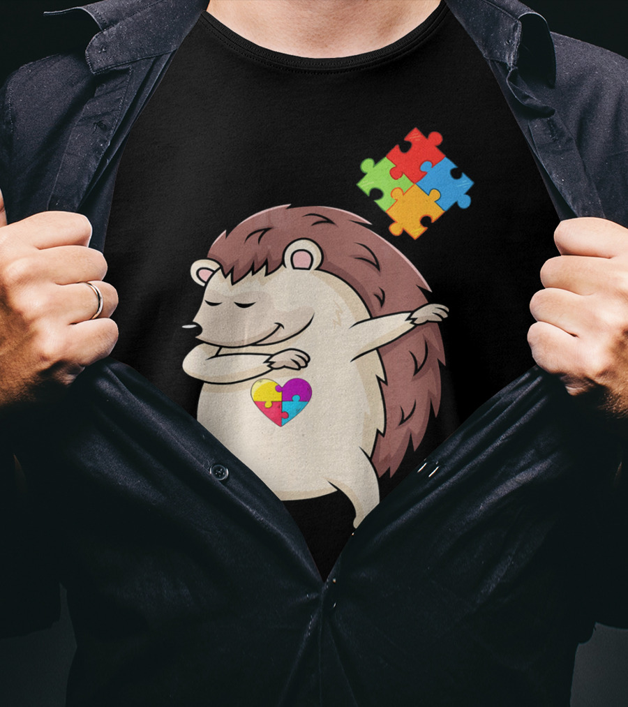 Hedgehog Dabbing With Puzzle Pieces Heart Autism Awareness T-Shirt