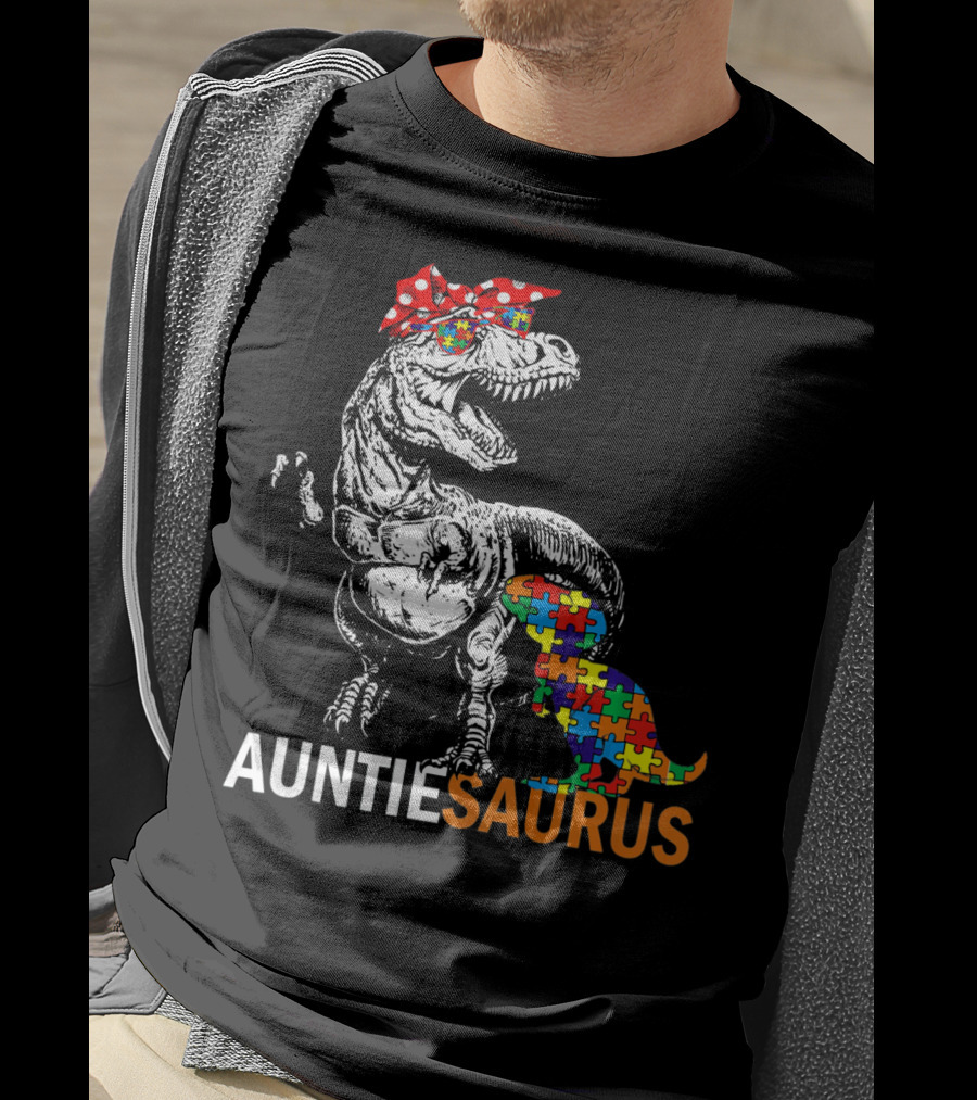 Auntie Saurus Puzzle Pattern Autism Dinosaur T-Shirt