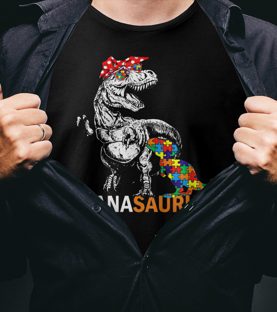 Nana Saurus Auntsaurus Autism Dinosaur Puzzle Piece Bandana T-Shirt