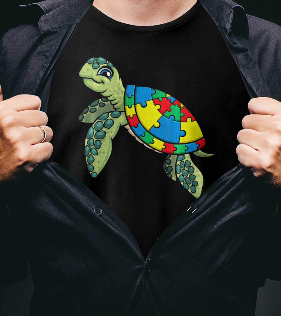 Turtle With Colorful Puzzle Pieces For Autism Awareness T-Shirt