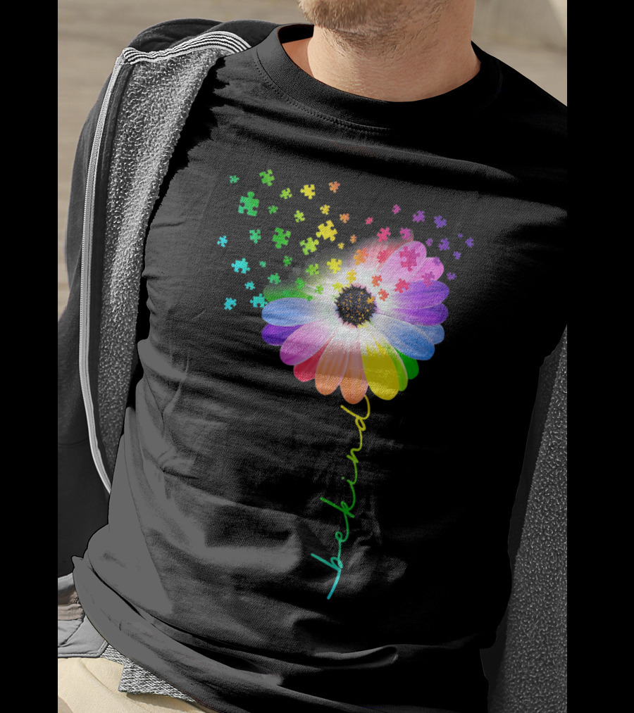 Flower Daisy Dandelion Be Kind Rainbow Puzzle Autism Awareness T-Shirt