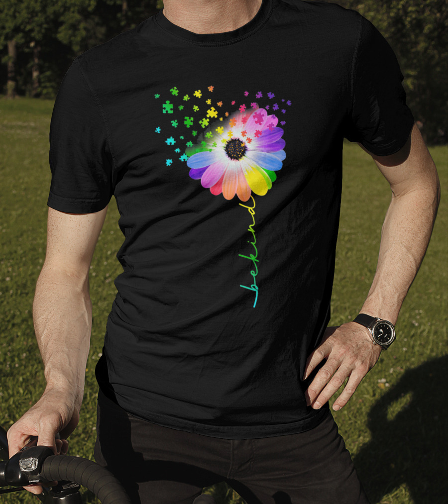 Flower Daisy Dandelion Be Kind Rainbow Puzzle Autism Awareness T-Shirt