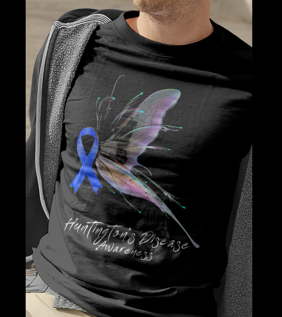 Huntington's Disease Awareness Blue Ribbon Butterfly T-Shirt