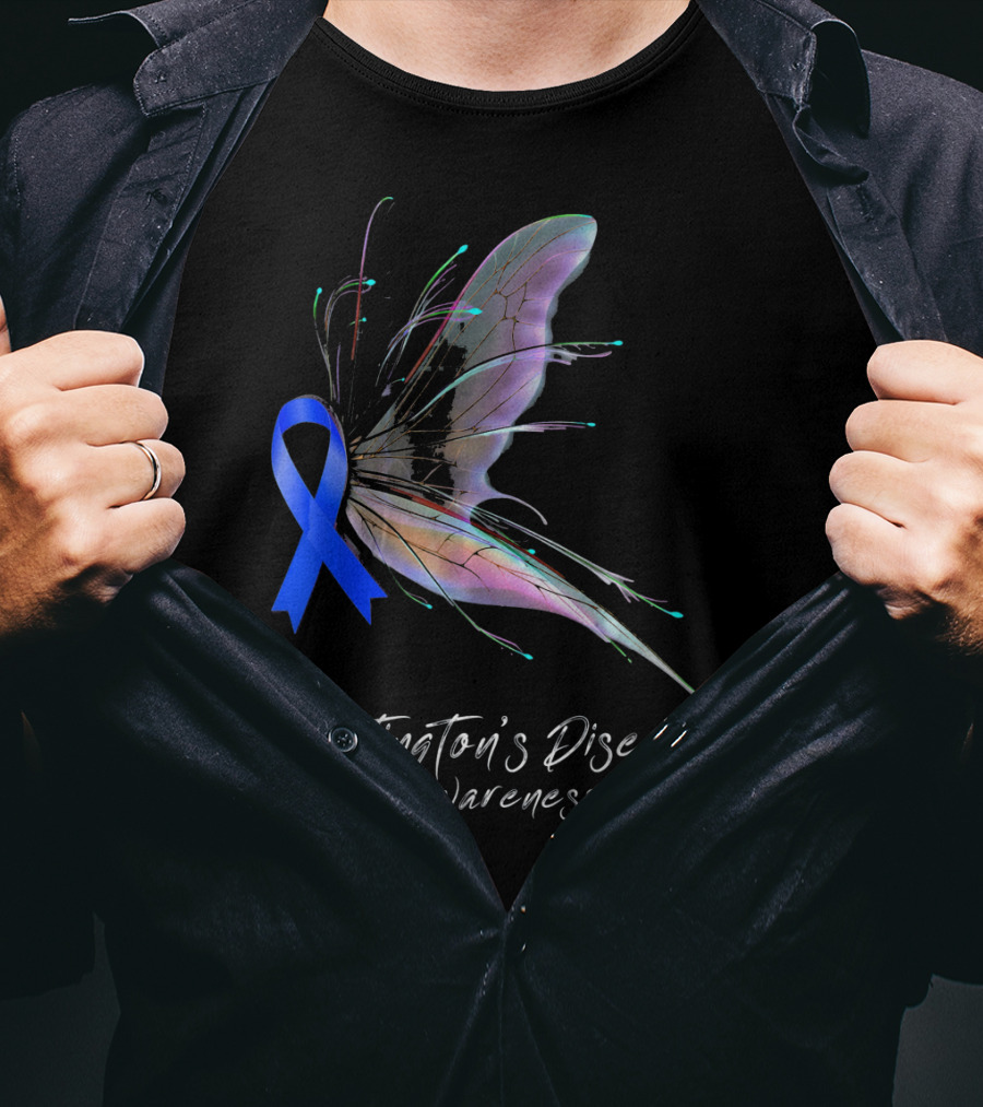 Huntington's Disease Awareness Blue Ribbon Butterfly T-Shirt