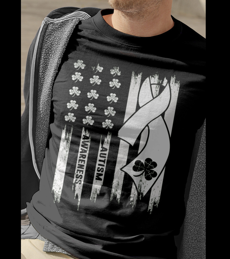 Autism Awareness Ribbon Patrick's Day American Flag Clover T-Shirt