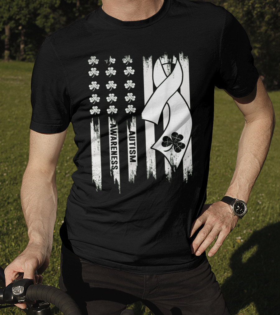 Autism Awareness Ribbon Patrick's Day American Flag Clover T-Shirt