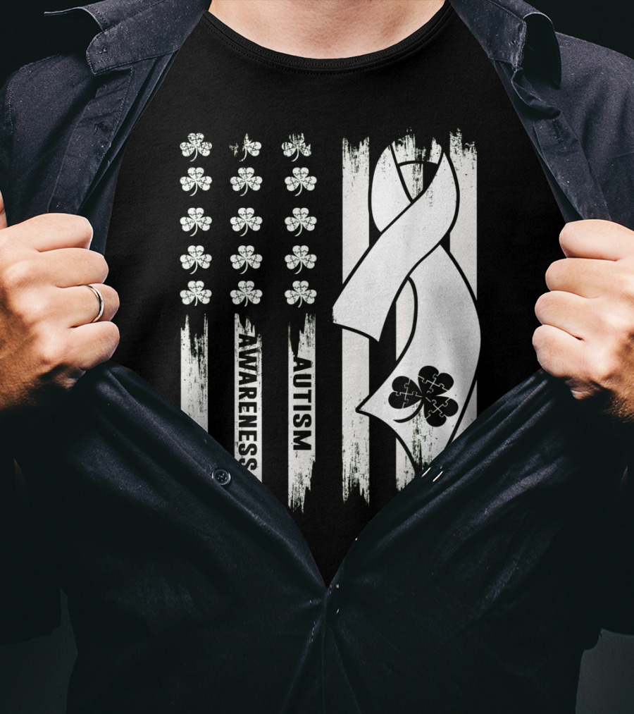 Autism Awareness Ribbon Patrick's Day American Flag Clover T-Shirt