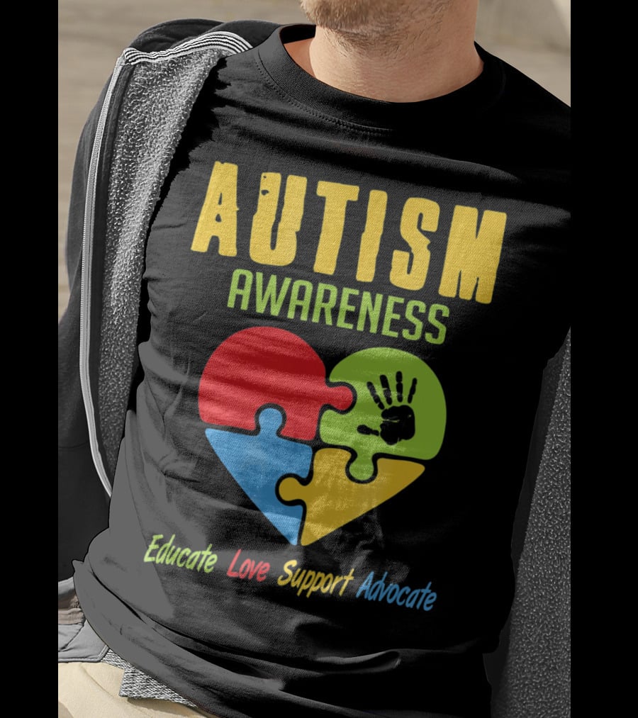 Autism Awareness Advocate Educate Love Support Puzzle Heart Handprint T-Shirt