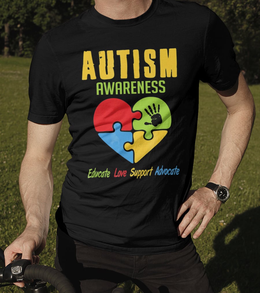 Autism Awareness Advocate Educate Love Support Puzzle Heart Handprint T-Shirt