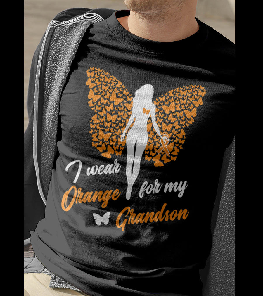I Wear Orange For My Grandson Leukemia Butterfly Ribbon Awareness T-Shirt