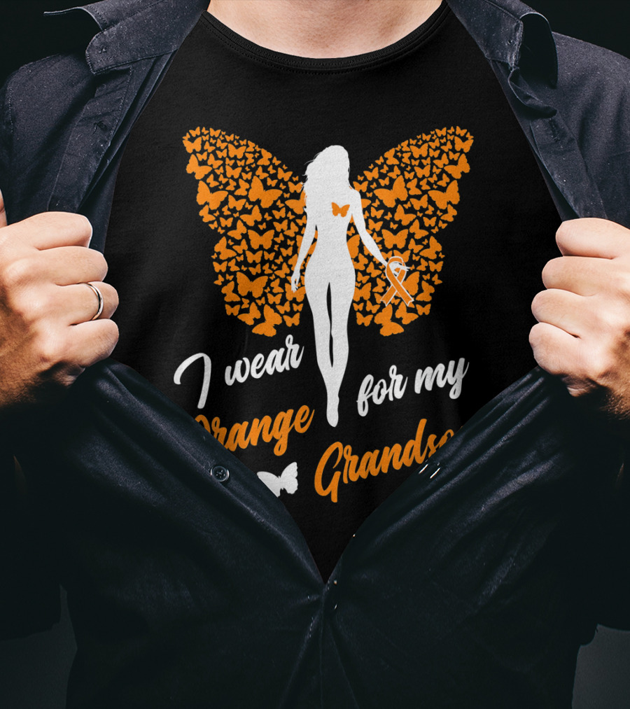I Wear Orange For My Grandson Leukemia Butterfly Ribbon Awareness T-Shirt