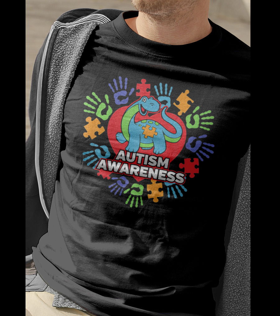 Autism Awareness Blue Dinosaur Heart Puzzle Handprints T-Shirt