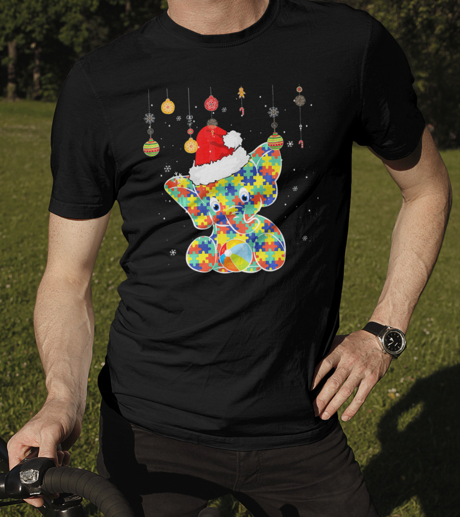 Festive Christmas Elephant In Santa Hat With Autism Puzzle T-Shirt