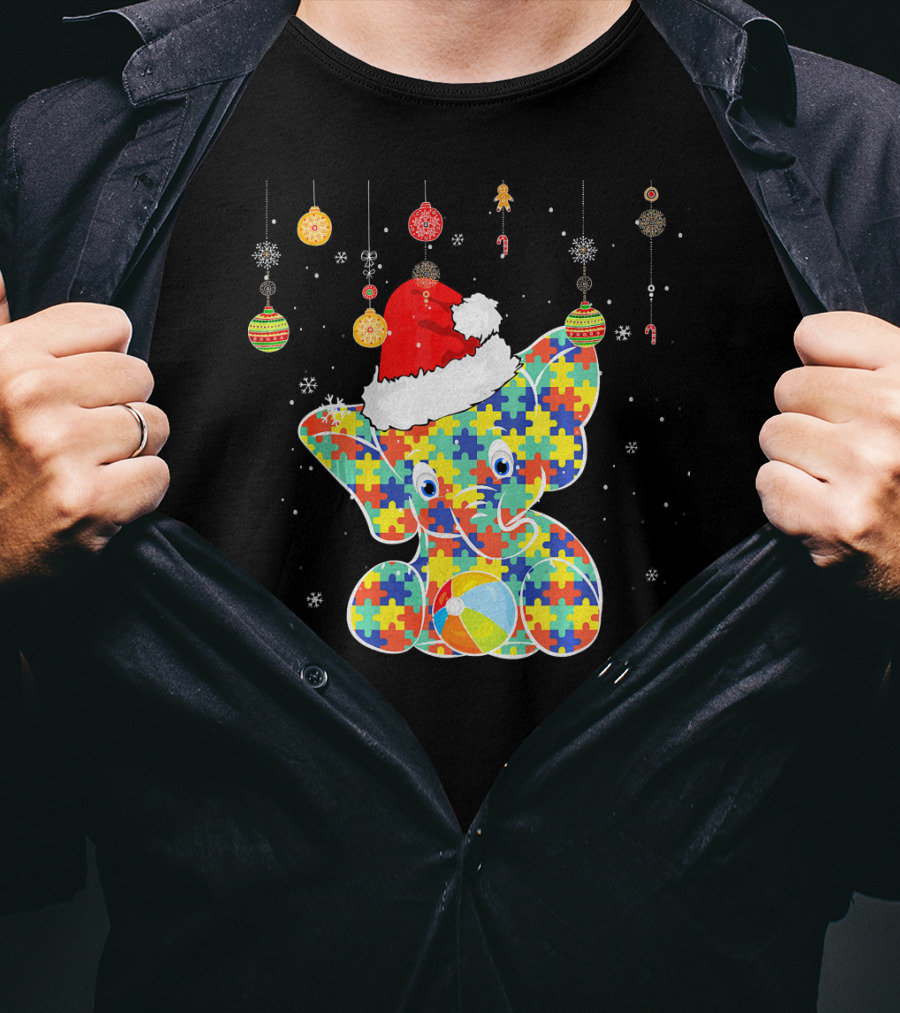 Festive Christmas Elephant In Santa Hat With Autism Puzzle T-Shirt
