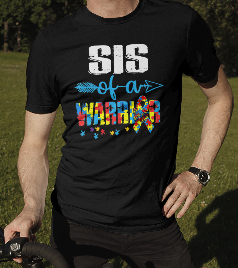 Sister Of A Warrior Autism Awareness Puzzle Ribbon Butterfly T-Shirt