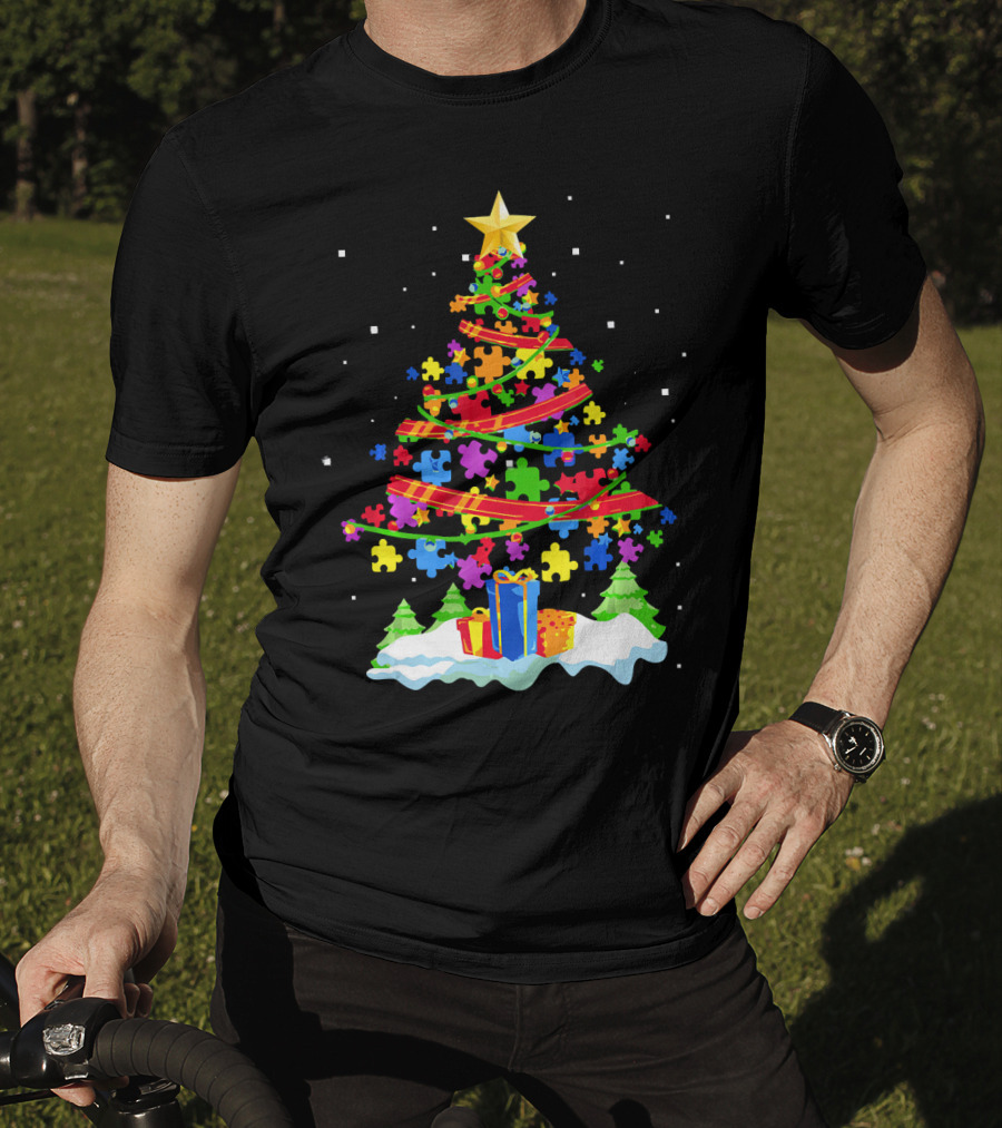 Autism Awareness Christmas Tree Puzzle Pieces Holiday Celebrations T-Shirt