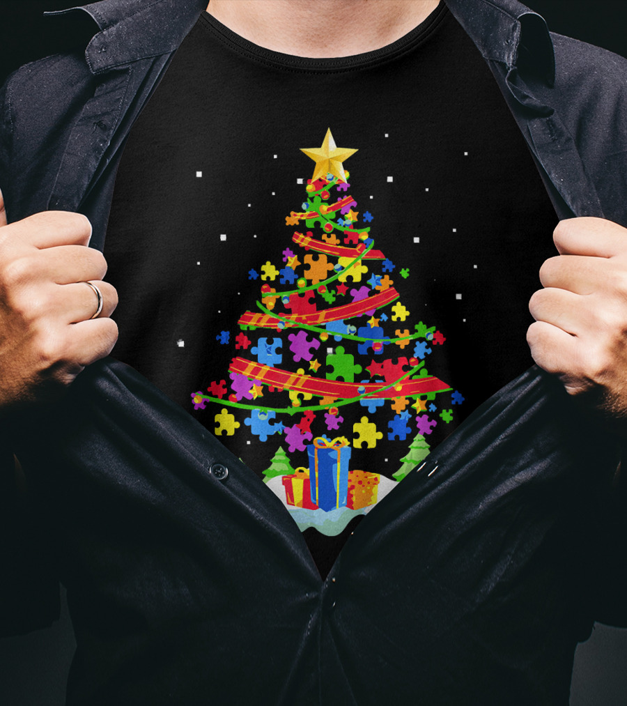Autism Awareness Christmas Tree Puzzle Pieces Holiday Celebrations T-Shirt