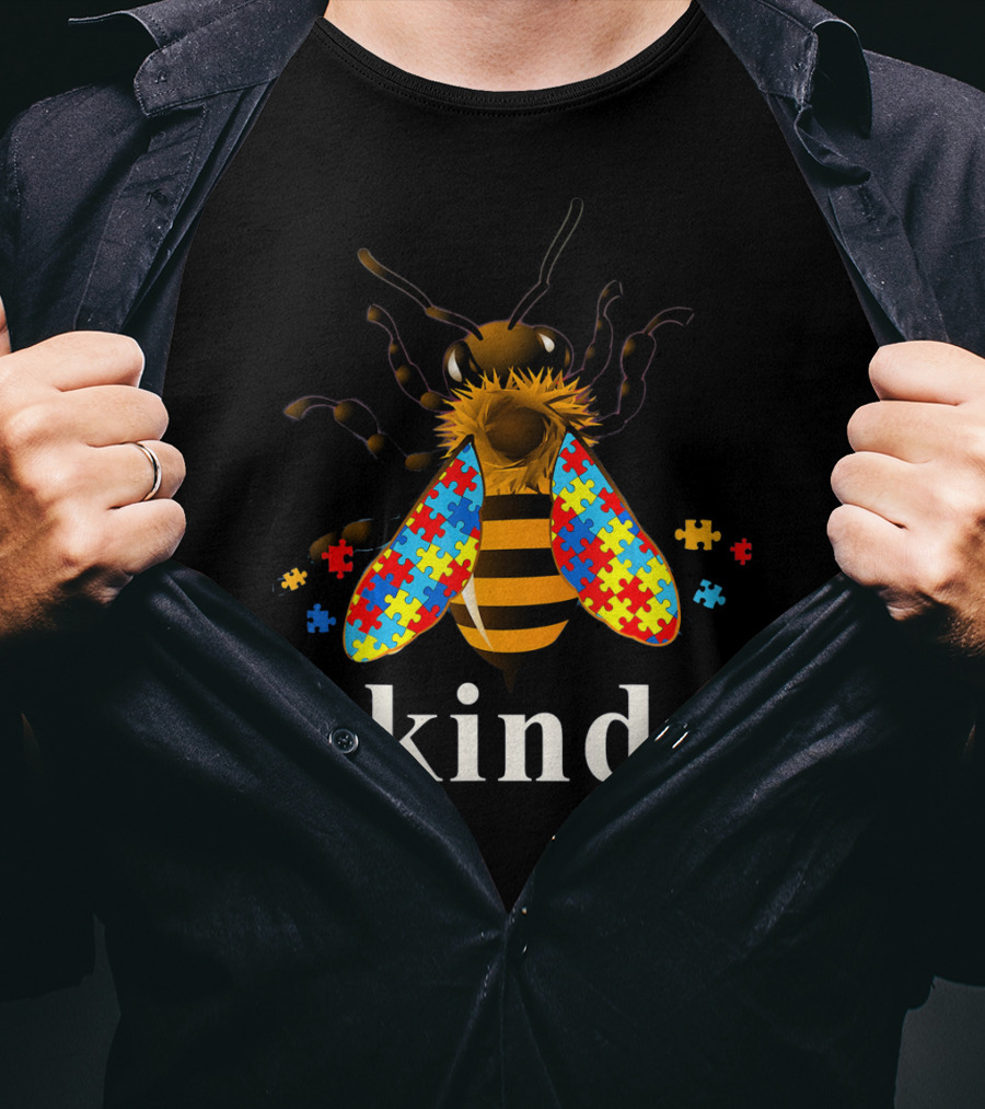 Autism Awareness Bee With Puzzle Piece Wings And Kind Text T-Shirt