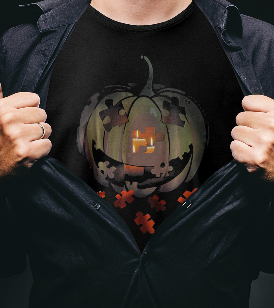 Puzzle Pumpkin Autism Awareness Halloween Jack-o'-Lantern T-Shirt