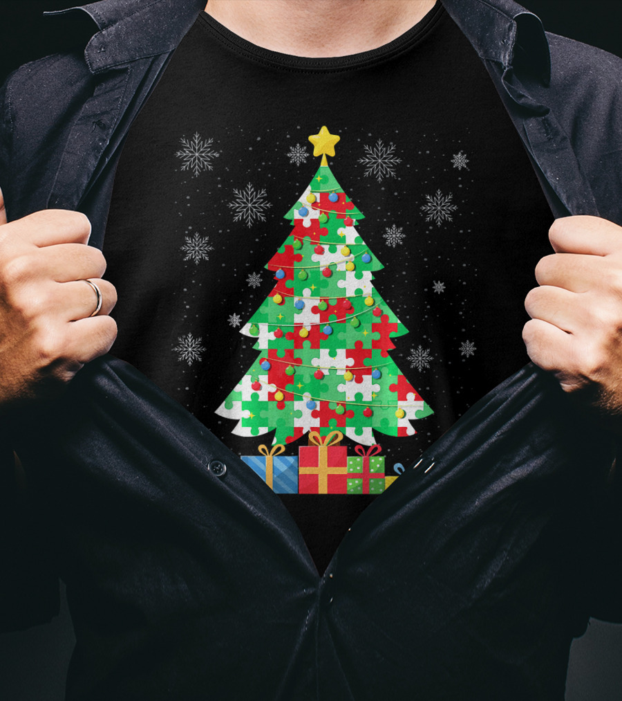 Autism Tree Christmas Puzzle Pattern With Gifts And Snowflakes T-Shirt